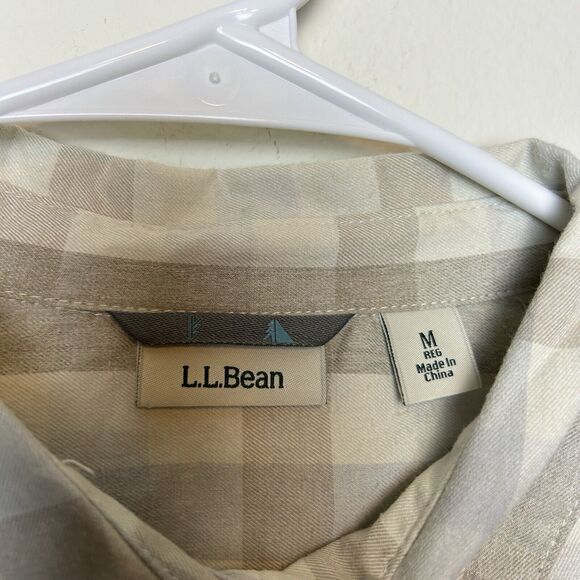 LL Bean Shirt Womens Medium Tan White Flannel Snap Front Casual Outdoor Normcore - Picture 5 of 13